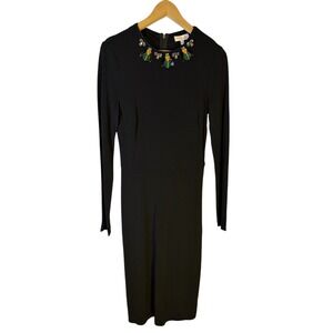 Tory Burch Deena Dress Black Embellished Beetle Jewel Neck Long Sleeve NWT Sz S